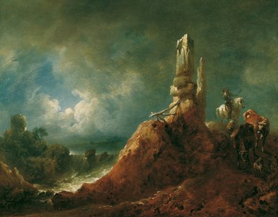 Paesaggio con rovina e cavaliere al chiaro di luna da Johann Christian Brand