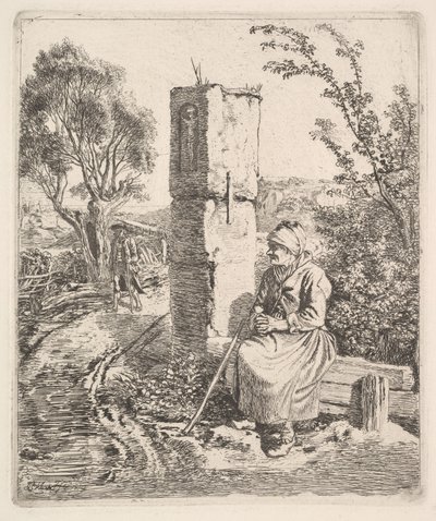 Una vecchia signora seduta vicino a un pilastro al lato della strada, 1819 da Johann Christian Erhard