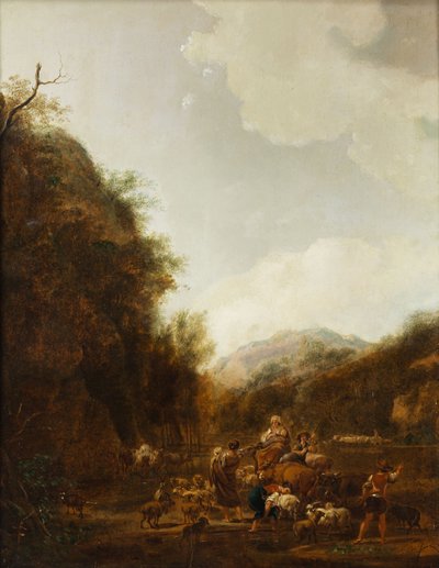 Paesaggio montano con pastori e bovini all