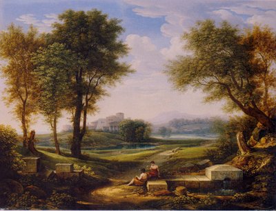 Tedesco: Paesaggio ideale con due pastori presso una sorgente. da Johann Christian Reinhart