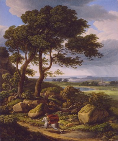 Tedesco: Paesaggio tempestoso con cavaliere. da Johann Christian Reinhart