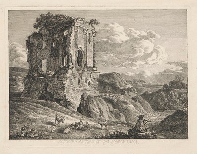 Paesaggio con una tomba antica; sulla destra, delle capre e un pastore che suona il flauto da Johann Christian Reinhart