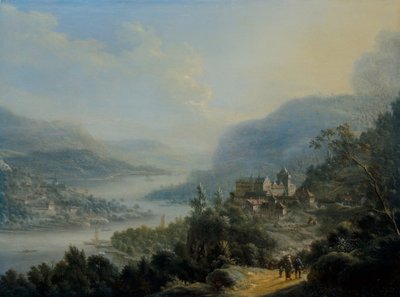 Ampio paesaggio renano con viaggiatori su una strada vicino a un castello da Johann Christian Vollerdt or Vollaert