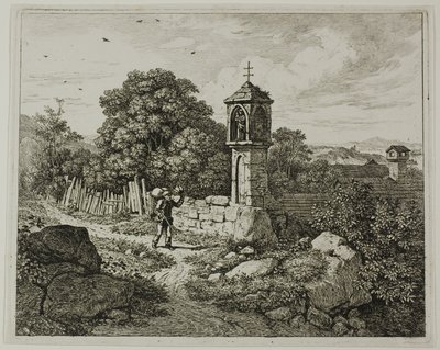 Contadino che saluta un santuario della Madonna lungo la strada, tavola uno da Die zwei grossen Landschaften mit den Betsäulen da Johann Christoph Erhard