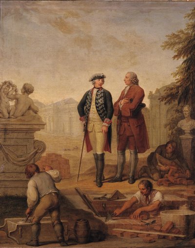Il re Federico II di Prussia (1712-86) e il marchese di Argens (1704-1771) ispezionano la costruzione di Sanssouci a Potsdam da Johann Christoph Frisch