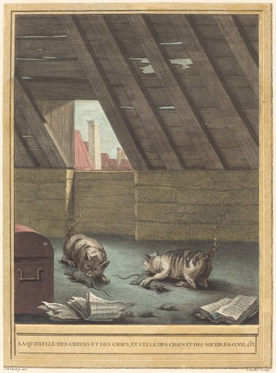 La lite tra cani e gatti e quella tra gatti e topi da Johann Christoph Teucher after Jean Baptiste Oudry