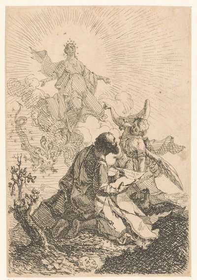 Giovanni ha una visione a Patmos in cui la Vergine sconfigge il drago a sette teste da Johann Cimbal