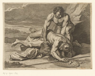 Un uomo prende tra le braccia il corpo di un lanciere romano da Johann Conrad Reiff