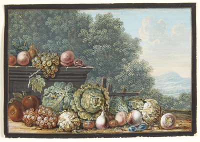Una natura morta con verdure e frutta. Sullo sfondo vista di un paesaggio montano meridionale da Johann Dietzsch