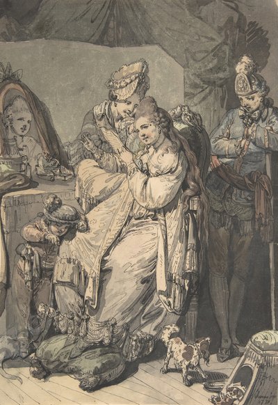 Una donna alla sua toilette con una cameriera, un ragazzo, un cane e un giovane soldato, verso: uno schizzo da Johann Eleazar Schenau
