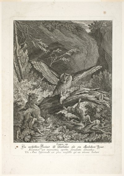Favola III, tavola tre da Lehrreiche Fabeln aus dem Reiche der Theire da Johann Elias Ridinger
