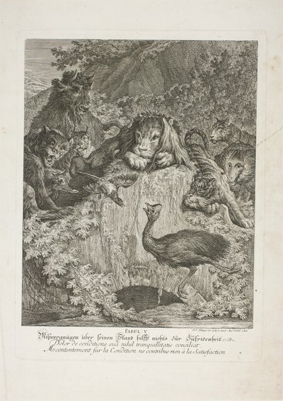 Favola V, tavola cinque da Lehrreiche Fabeln aus dem Reiche der Theire da Johann Elias Ridinger