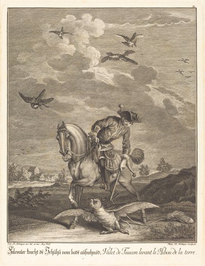 Falconiere che solleva un gufo dal terreno da Johann Elias Ridinger