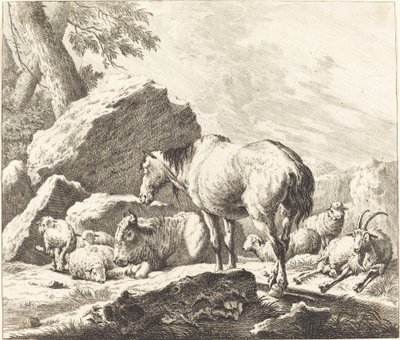 Un cavallo, bufalo, pecora e capra in un paesaggio italiano da Johann Elias Ridinger after Johann Heinrich Roos
