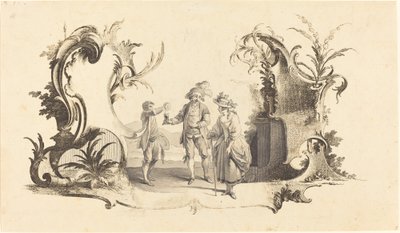 Cartouche Moderne con una Coppia di Giovani Serviti con Vino da Johann Esaias Nilson