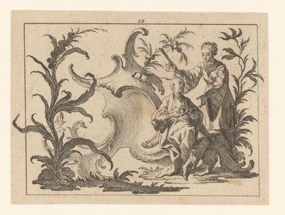 Cinese con testa e piatto seduto in un ornamento rococò, accanto a lui una donna con ventaglio da Johann Esaias Nilson
