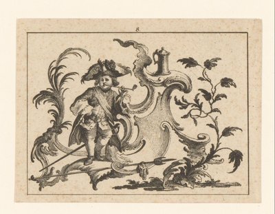 Uomo che fuma la pipa appoggiato a un ornamento rococò da Johann Esaias Nilson