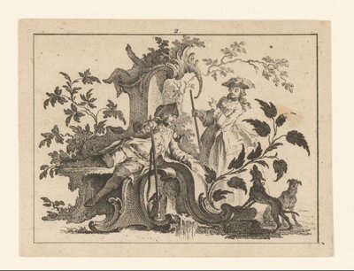 Uomo che fuma la pipa con fucile e donna con due cani su un ornamento rococò da Johann Esaias Nilson
