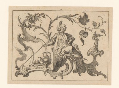 Uomo che fuma la pipa con turbante seduto su un ornamento rococò, accanto a lui una brocca, una tazza e un piattino da Johann Esaias Nilson