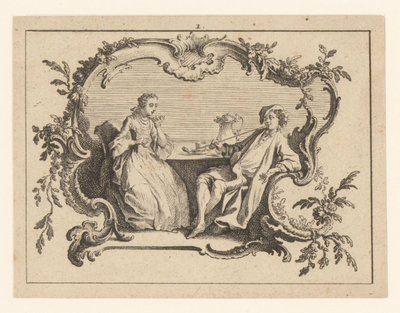 Donna e uomo che fuma la pipa a un tavolo in una cartouche da Johann Esaias Nilson