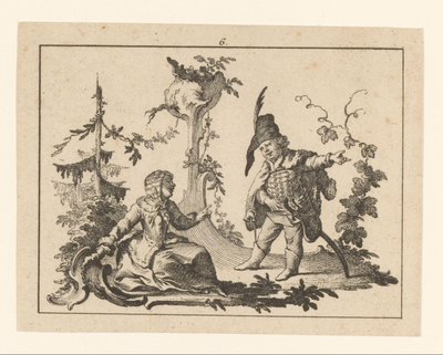 Donna seduta con accanto un uomo in piedi con pipa su un ornamento rococò da Johann Esaias Nilson