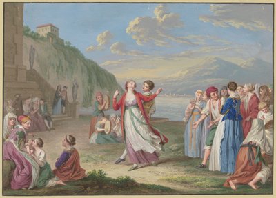 Contadini italiani si intrattengono sulla riva del lago con giochi e danze, sullo sfondo alte montagne da Johann Friedrich August Tischbein
