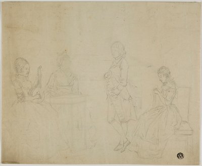 Schizzo di gruppo familiare con tre donne sedute e un giovane in piedi da Johann Friedrich August Tischbein