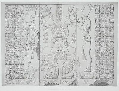Rilievo raffigurante un sacerdote con offerte dal Santuario del Tempio del Sole, Palenque, tavole 29 e 30 da Antichi Monumenti del Messico, inciso da Werner, 1866 da Johann Friedrich Maximilian von Waldeck