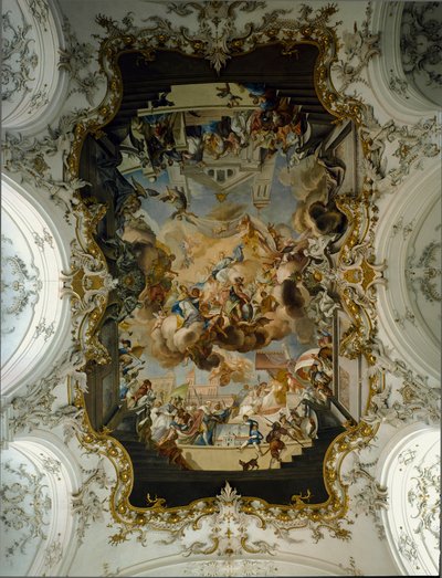 Arte barocca: "La Vergine circondata dai santi". Affresco della volta di Johann Georg Bergmuller, 1736 Chiesa del Convento degli Agostiniani. 1732-1739 Diessen am Ammersee, Germania da Johann Georg Bergmuller