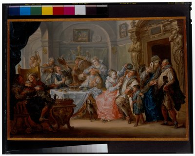 Interno con figure eleganti in costume da mascherata che festeggiano da Johann Georg Platzer