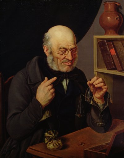 Il cambiavalute di Barchfeld che pesa monete, c.1840-45 da Johann Georg Soemmer