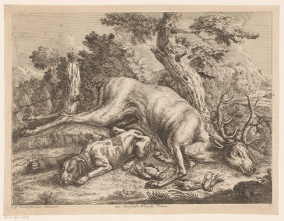 Cane da caccia e preda con cervo e uccelli da Johann Georg Wachsschlunger