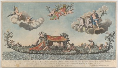 La seconda gondola altamente ornata di Francesco Antonio Berka entra a Venezia, Dei su c..., 1700 da Johann Georg Wolfgang