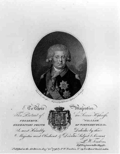 Ritratto di Federico Guglielmo III (1770-1840), Principe Ereditario di Wirtemburg, inciso da Peltro William Tomkins (c.1759-1840), pubblicato da P.W.Tomkins, 20 agosto 1796 da Johann Gottlieb after Schweppe