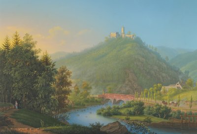 Veduta di Kynsburg sulla valle del fiume Weistritz in Slesia, fine 18°-19° secolo da Johann Heinrich Bleuler