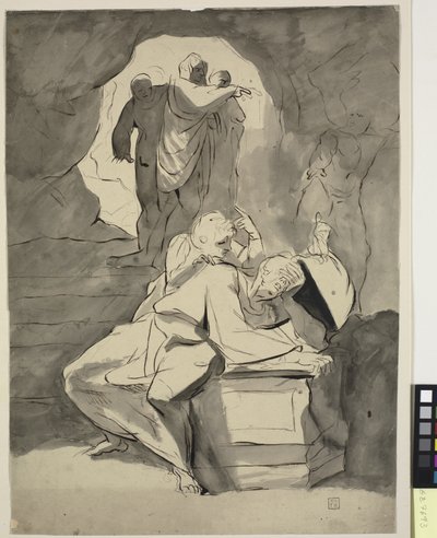 Un uomo in disperazione su una lapide in una grotta con altre figure da Johann Heinrich Füssli