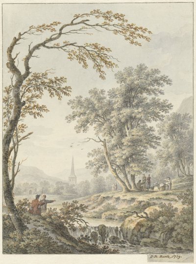 Paesaggio con cascata e in lontananza una chiesa da Johann Heinrich Muntz