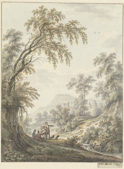 Paesaggio con cascata e castello in lontananza da Johann Heinrich Muntz
