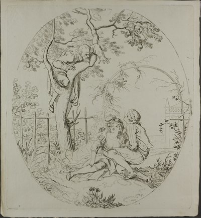 Uomo barbuto che spia gli amanti sotto un pergolato da Johann Heinrich Ramberg