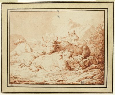 Bovini e Pecore con Mandriano in Paesaggio Roccioso da Johann Heinrich Roos