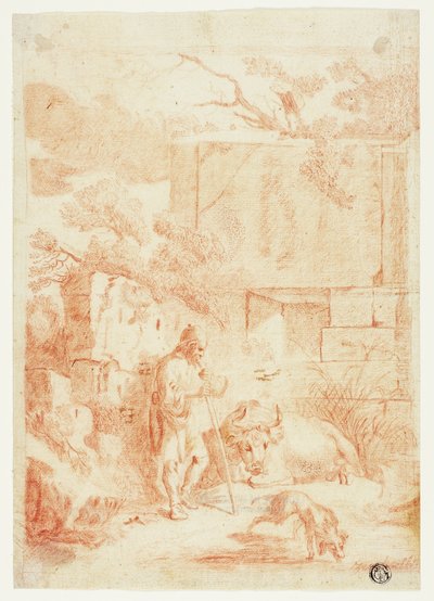 Vaccaro con toro e cane in rovina da Johann Heinrich Roos
