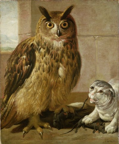 Gufo reale e gatto con topi morti da Johann Heinrich Roos