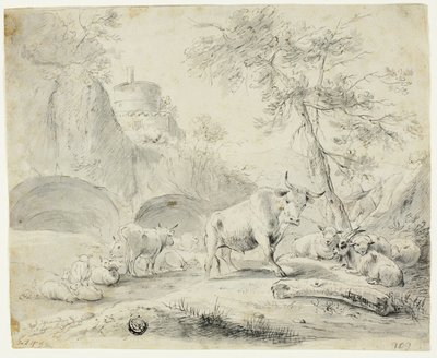 Paesaggio con pastore e pecore, capra, bestiame da Johann Heinrich Roos