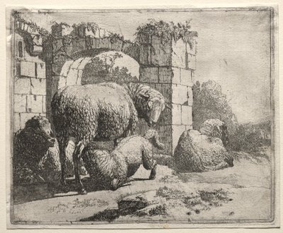 Pecore vicino alle rovine di un arco da Johann Heinrich Roos