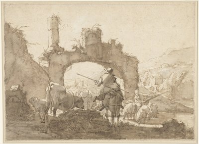 Due pastori guidano il loro bestiame attraverso un fiume da Johann Heinrich Roos