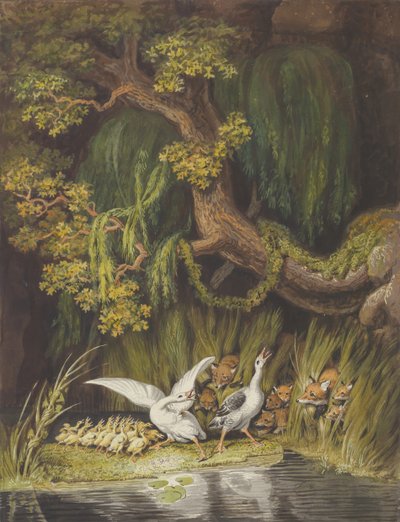 Oca e papero con i loro anatroccoli che starnazzano allarmati mentre due volpi... da Johann Heinrich Wilhelm Tischbein