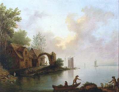 Paesaggio fluviale boscoso con barcaioli da Johann Heinrich Wust