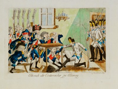 Soldati austriaci sorprendono un distaccamento francese nei suoi alloggi a Bavai ... (incisione) da Johann Hieronymus Loeschenkohl