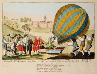 Ritorno di M. Blanchard dal suo 38° viaggio aereo ... (incisione) da Johann Hieronymus Loeschenkohl
