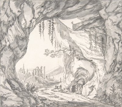 Paesaggio montuoso con rovine di un castello e tre uomini in una grotta..., fine XVIII-inizio XIX sec. da Johann Huber